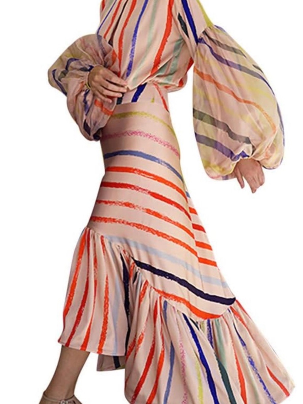 Uoozee Multicolor Striped Midi Blouse and Skirt with Bishop Sleeves